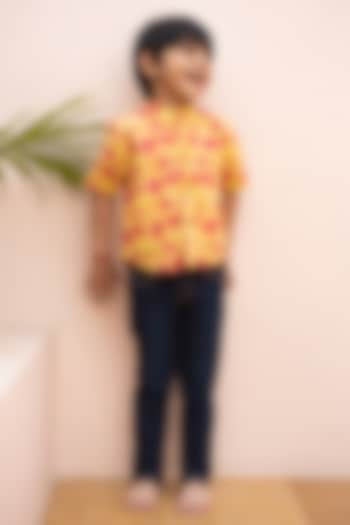 Yellow & Red Cotton Floral Hand Block Printed Shirt For Boys by PLUMCHEEKS at Pernia's Pop Up Shop