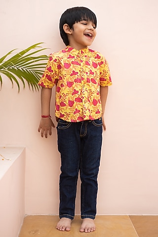 Yellow & Red Cotton Floral Hand Block Printed Shirt For Boys by PLUMCHEEKS