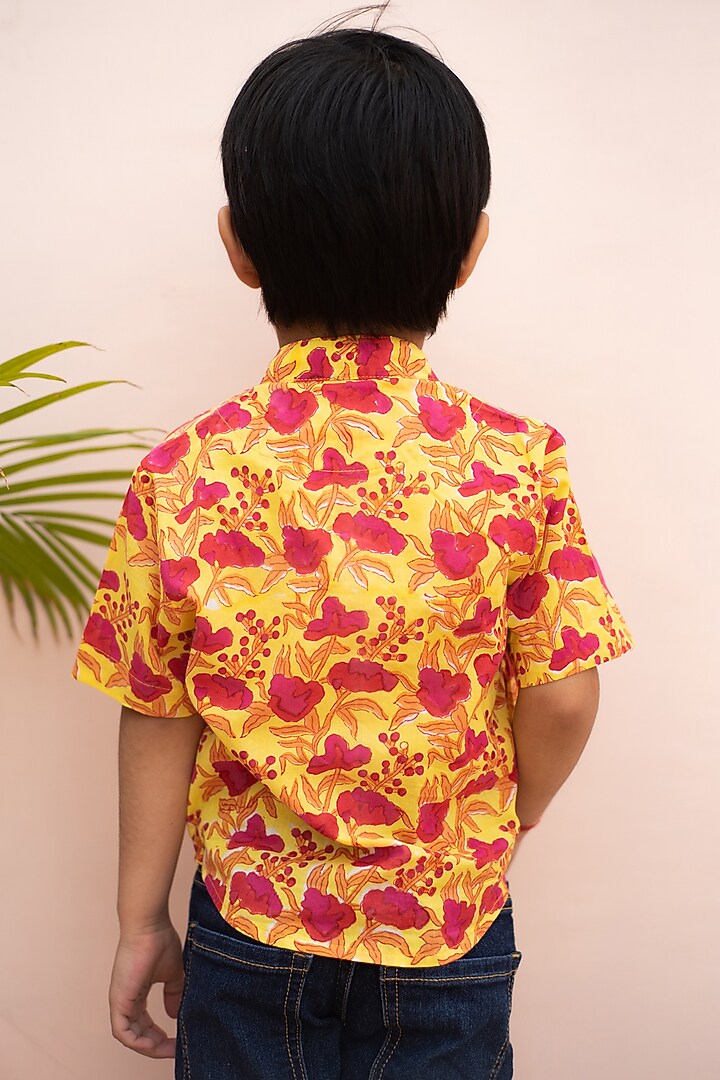 Yellow & Red Cotton Floral Hand Block Printed Shirt For Boys by PLUMCHEEKS at Pernia's Pop Up Shop