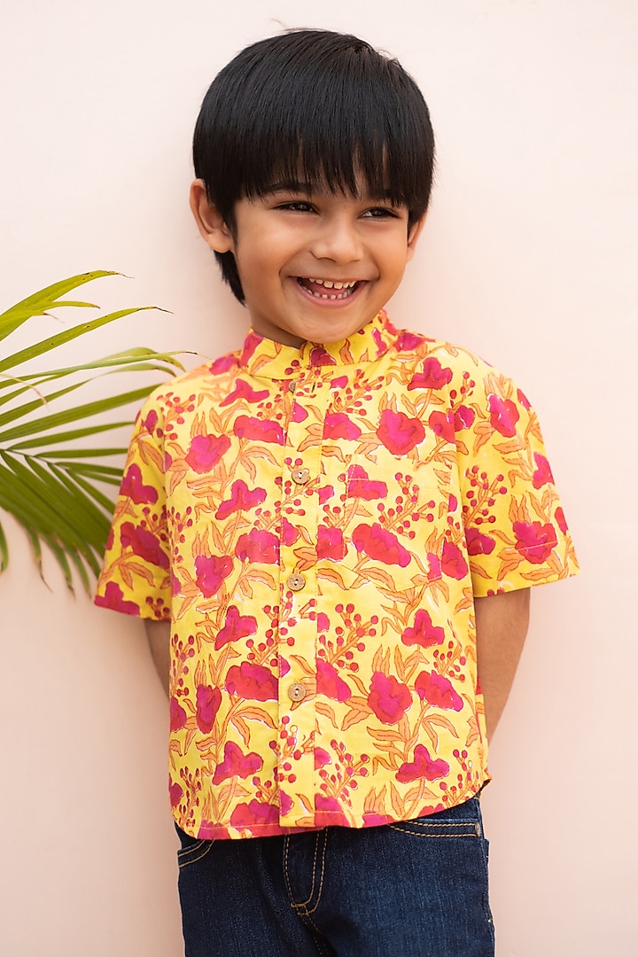 Yellow & Red Cotton Floral Hand Block Printed Shirt For Boys by PLUMCHEEKS at Pernia's Pop Up Shop