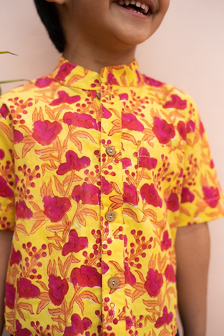 Yellow & Red Cotton Floral Hand Block Printed Shirt For Boys by PLUMCHEEKS at Pernia's Pop Up Shop