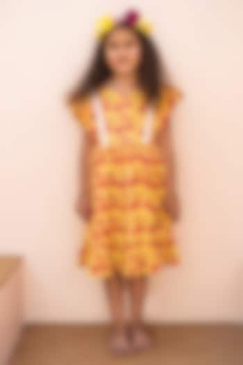 Yellow Cotton Beads Embroidered & Hand Block Printed Dress For Girls by PLUMCHEEKS at Pernia's Pop Up Shop