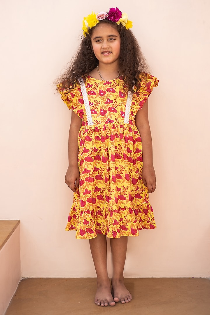 Yellow Cotton Beads Embroidered & Hand Block Printed Dress For Girls by PLUMCHEEKS at Pernia's Pop Up Shop