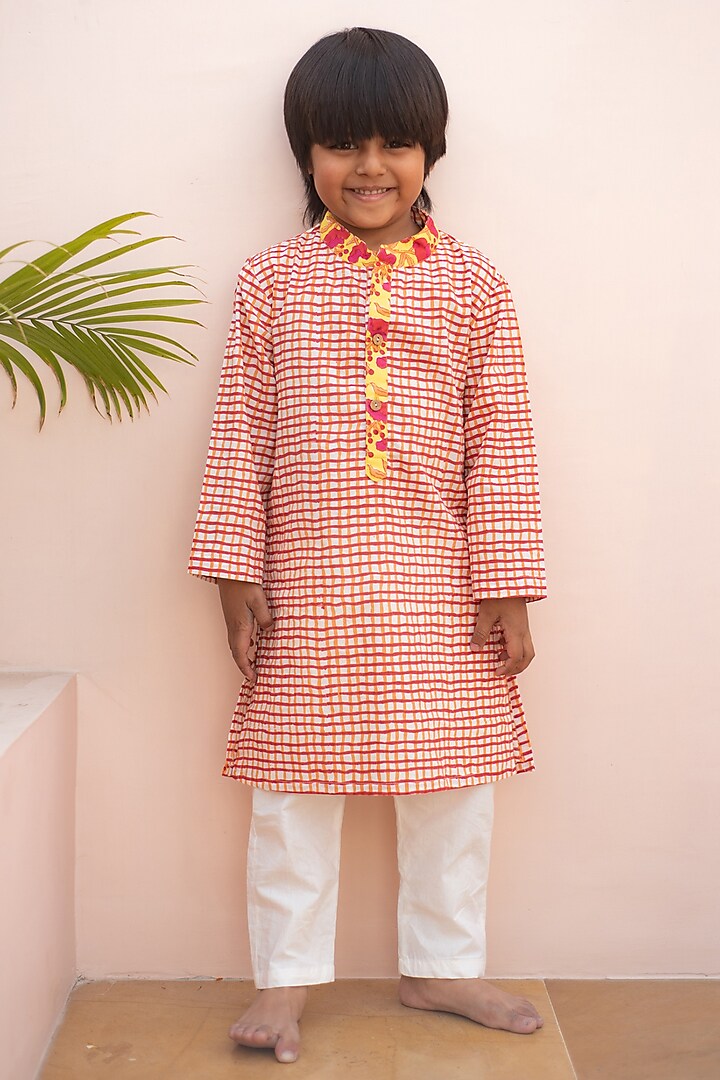 Multi-Colored Cotton Hand Block Printed Kurta Set For Boys by PLUMCHEEKS at Pernia's Pop Up Shop