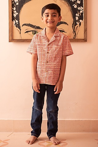 Multi-Colored Cotton Hand Block Printed Shirt For Boys by PLUMCHEEKS