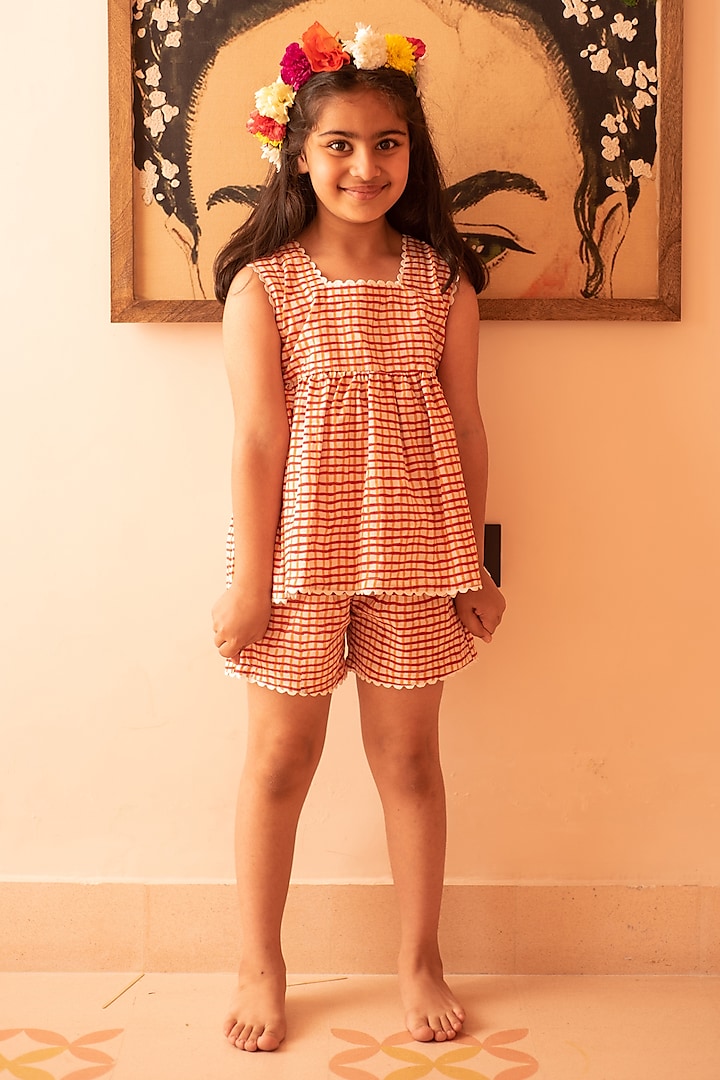 White & Red Cotton Hand Block Printed Co-Ord Set For Girls by PLUMCHEEKS at Pernia's Pop Up Shop