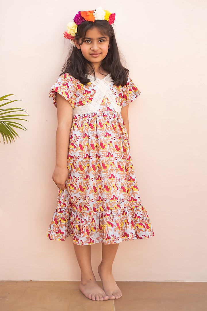 Multi-Colored Cotton Hand Block Printed Dress For Girls by PLUMCHEEKS at Pernia's Pop Up Shop