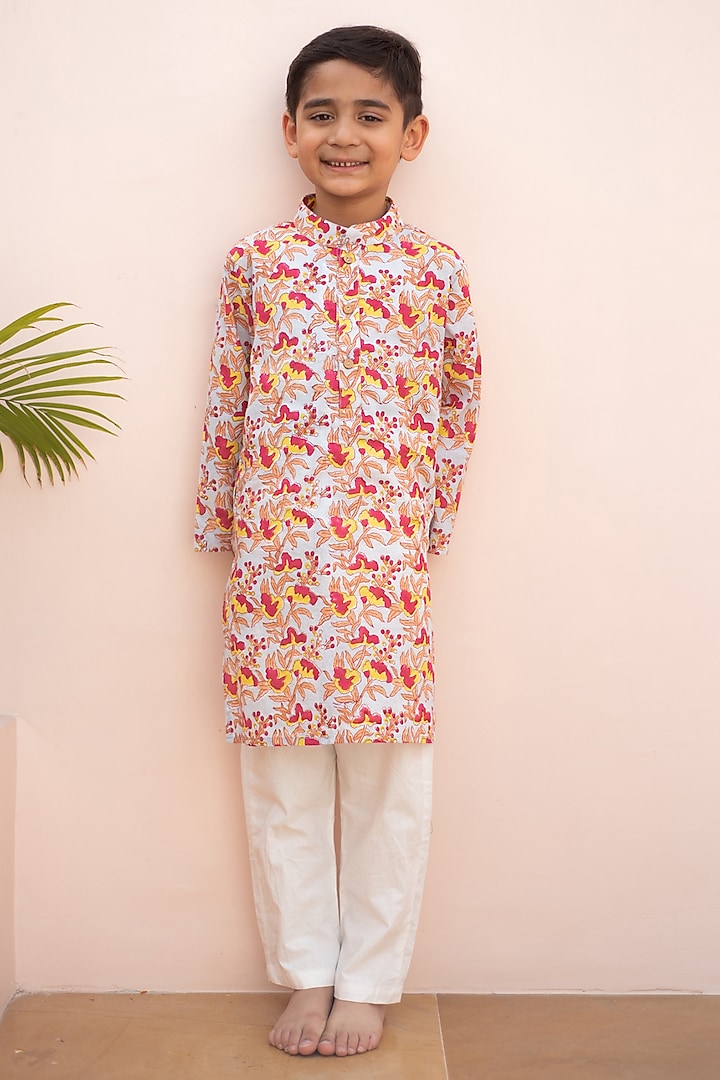 Multi-Colored Cotton Hand Block Printed Kurta Set For Boys by PLUMCHEEKS at Pernia's Pop Up Shop