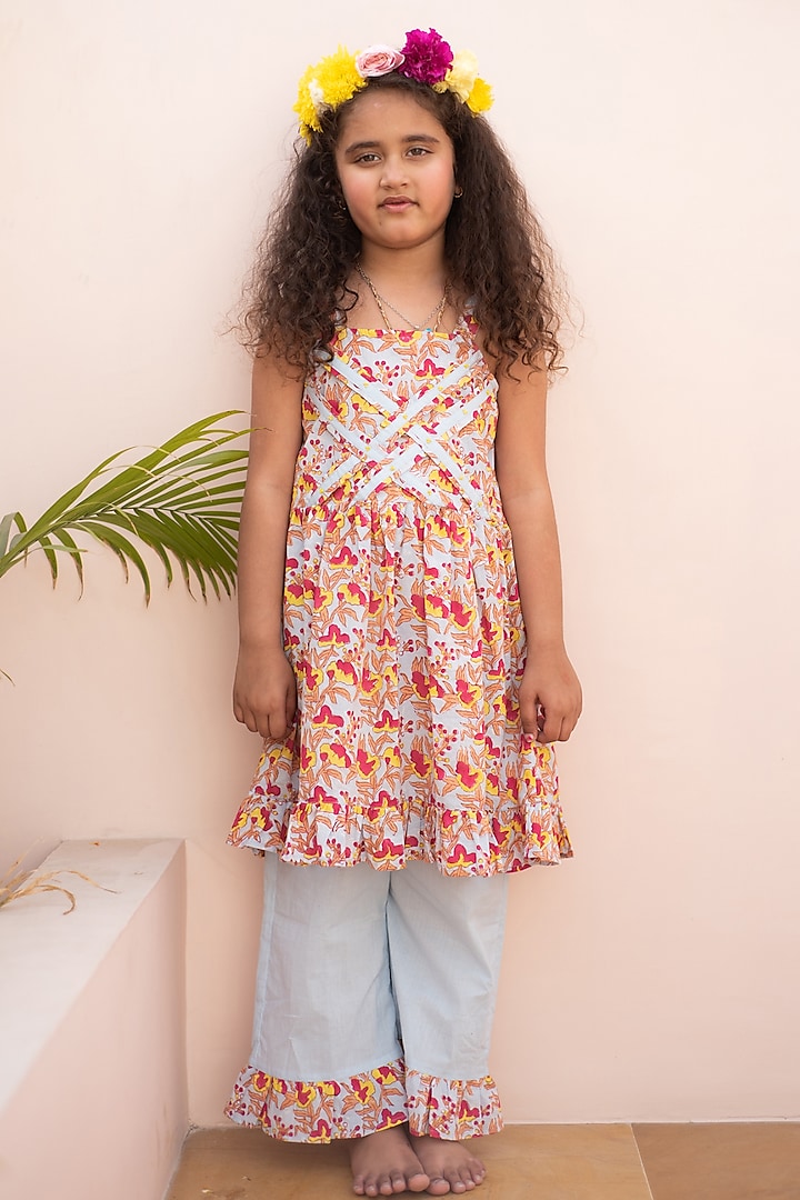 Multi-Colored Cotton Hand Block Printed Co-Ord Set For Girls by PLUMCHEEKS at Pernia's Pop Up Shop