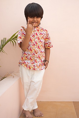 Multi-Colored Cotton Floral Hand Block Printed Shirt For Boys by PLUMCHEEKS