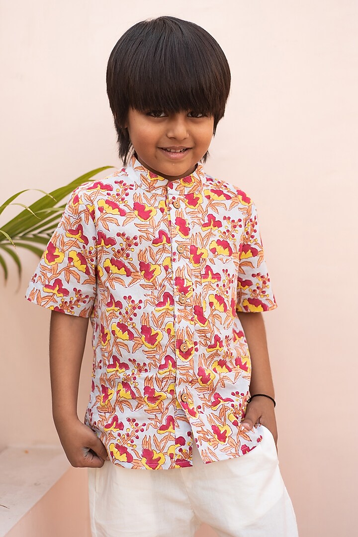 Multi-Colored Cotton Floral Hand Block Printed Shirt For Boys by PLUMCHEEKS at Pernia's Pop Up Shop