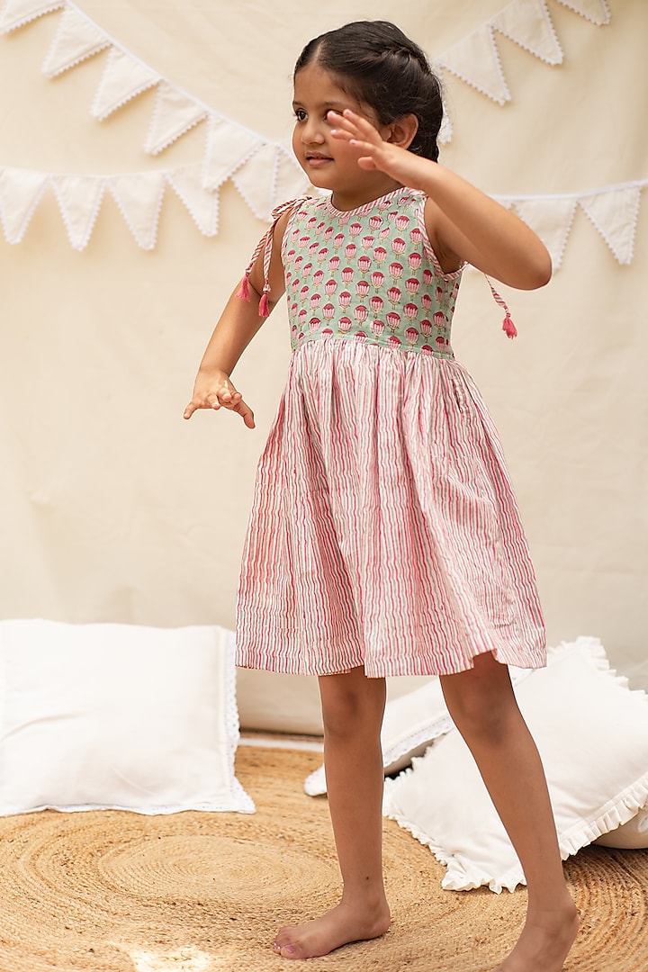 Pink Printed Dress For Girls by PLUMCHEEKS
