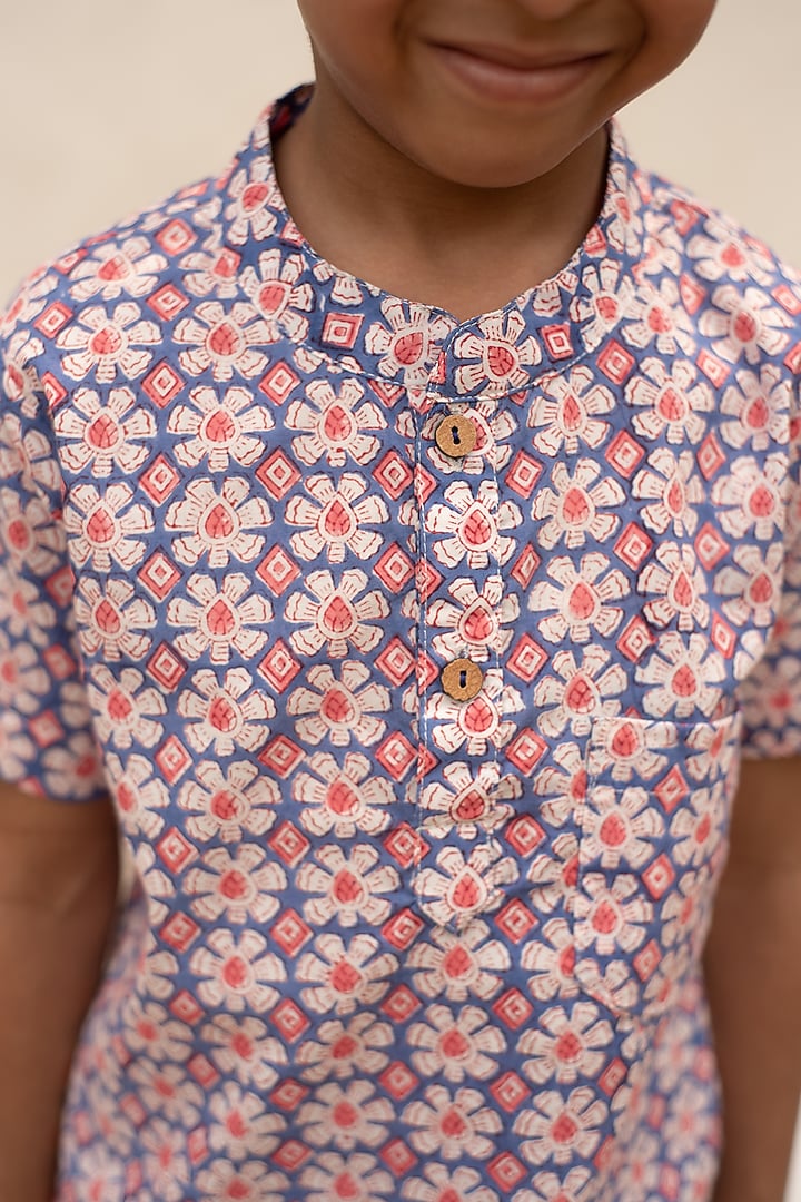 Blue Cotton Printed Shirt For Boys by PLUMCHEEKS at Pernia's Pop Up Shop