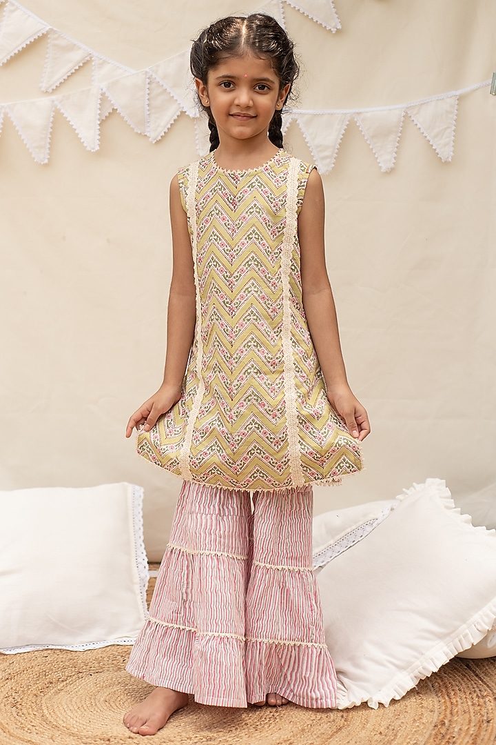 Pink Printed Sharara Set For Girls by PLUMCHEEKS