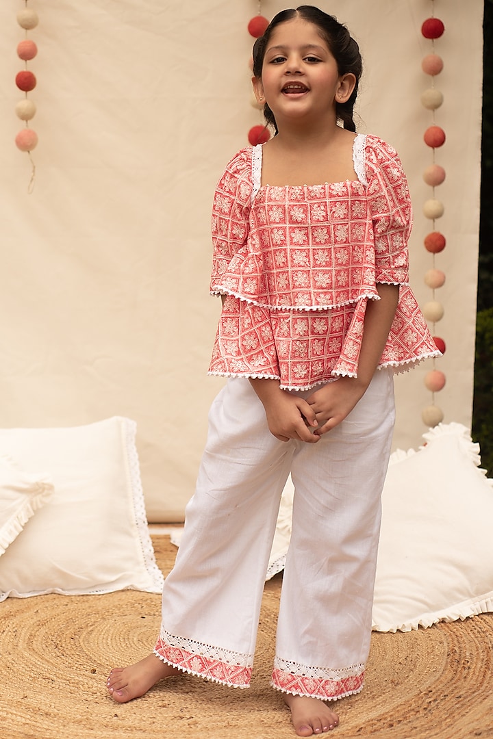 White Cotton Pant Set For Girls by PLUMCHEEKS