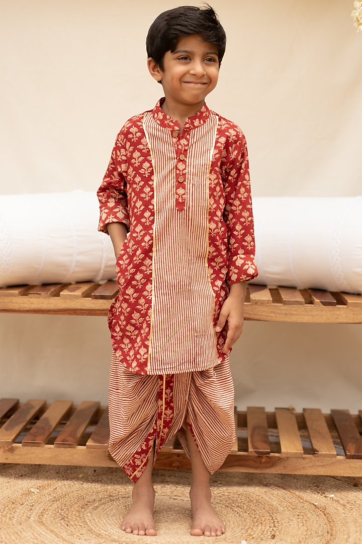 Red & Beige Printed Kurta Set For Boys by PLUMCHEEKS