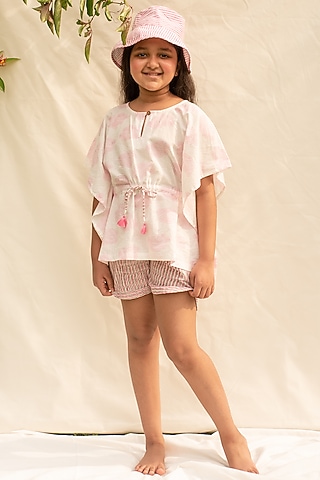 Pink & White Printed Kaftan Set For Girls by PLUMCHEEKS