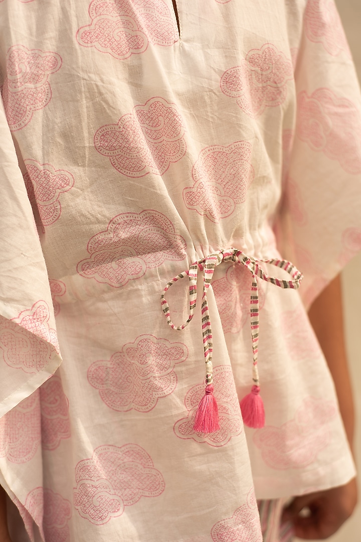 Pink & White Printed Kaftan Set For Girls by PLUMCHEEKS at Pernia's Pop Up Shop