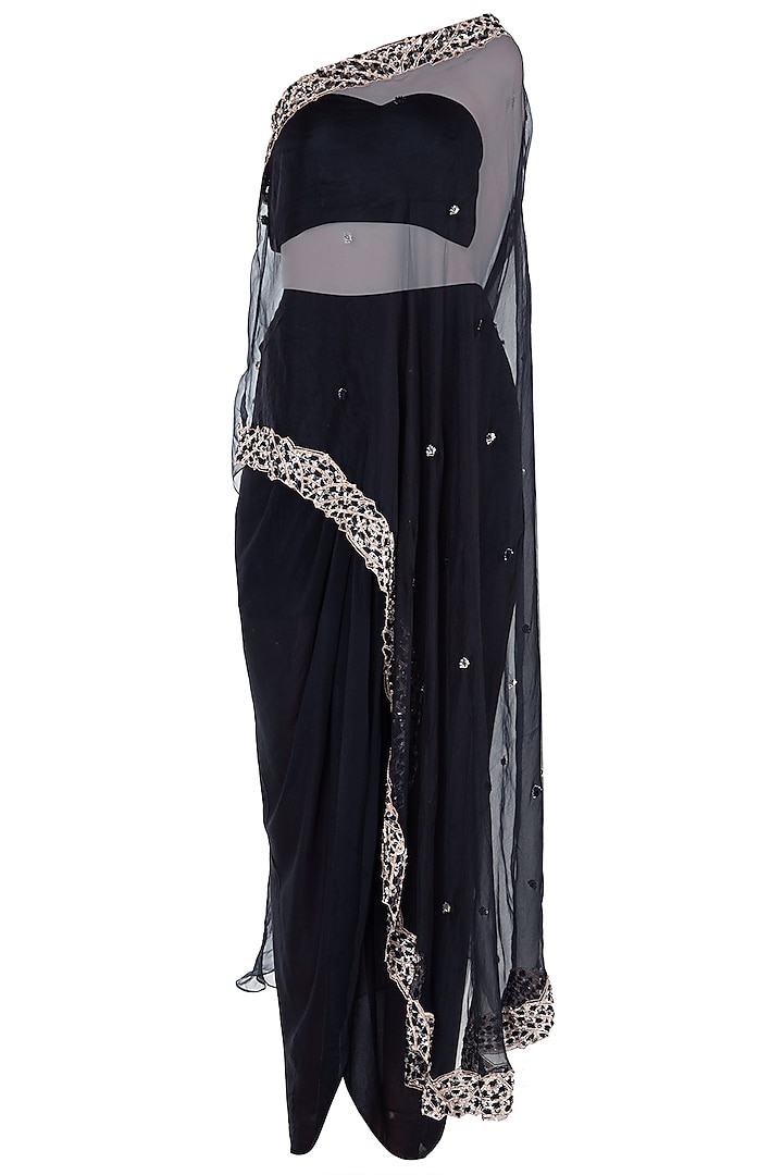 Black Embroidered One Shoulder Cape with Bustier and Palazzo Pants by Pleats by Kaksha & Dimple