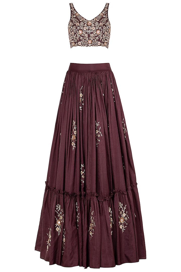 Burgundy embroidred lehenga set available only at Pernia's Pop Up Shop.