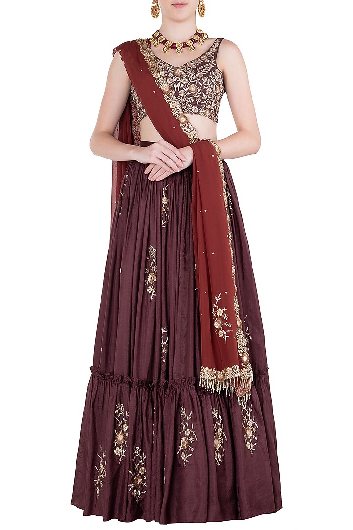Burgundy embroidred lehenga set available only at Pernia's Pop Up Shop.