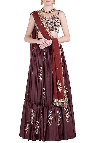 Burgundy Embroidred Lehenga Set by Pleats by Kaksha & Dimple