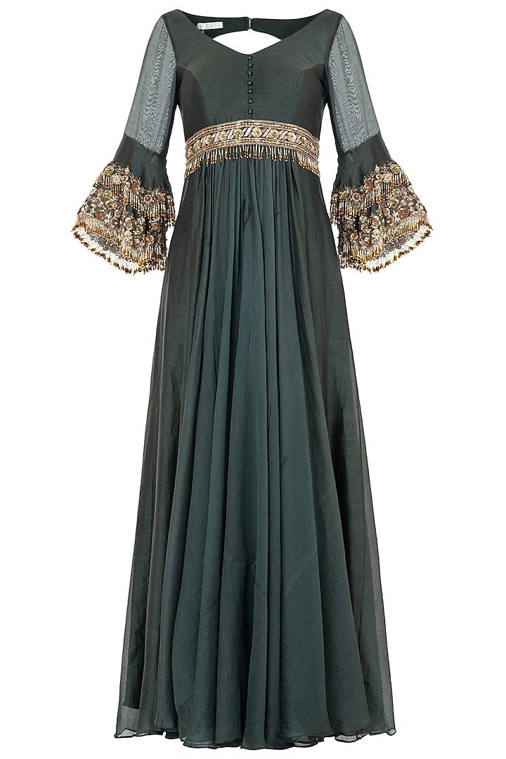 Green Embroidered Anarkali Gown Set by Pleats by Kaksha & Dimple