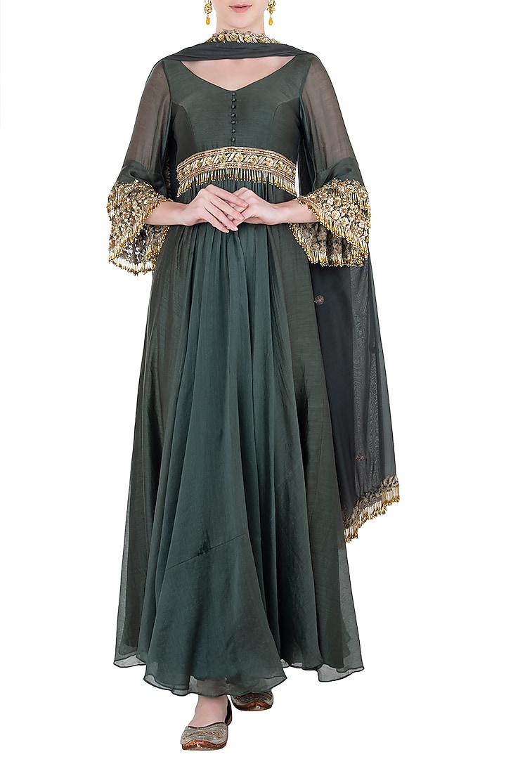 Green embroidered anarkali gown set available only at Pernia's Pop Up Shop.