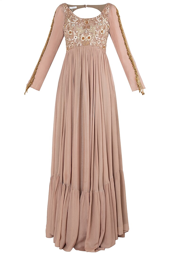 Peach and Brown Embroidered Anarkali Gown Set by Pleats by Kaksha & Dimple