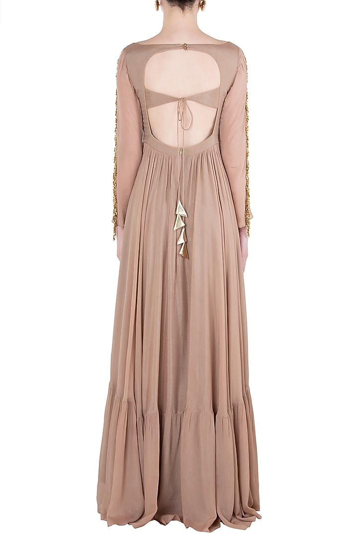 Peach and brown embroidered anarkali gown set available only at Pernia's Pop Up Shop.