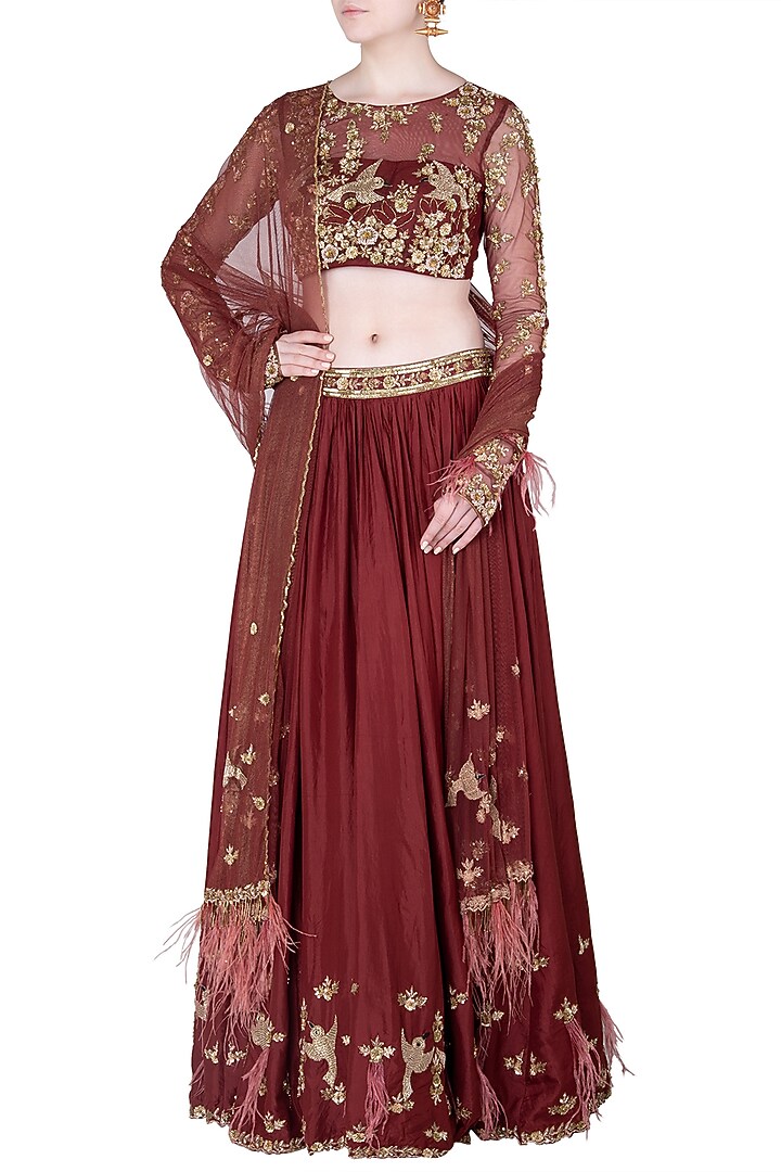 Maroon embroidered lehenga set available only at Pernia's Pop Up Shop.