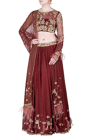 Maroon Embroidered Lehenga Set by Pleats by Kaksha & Dimple