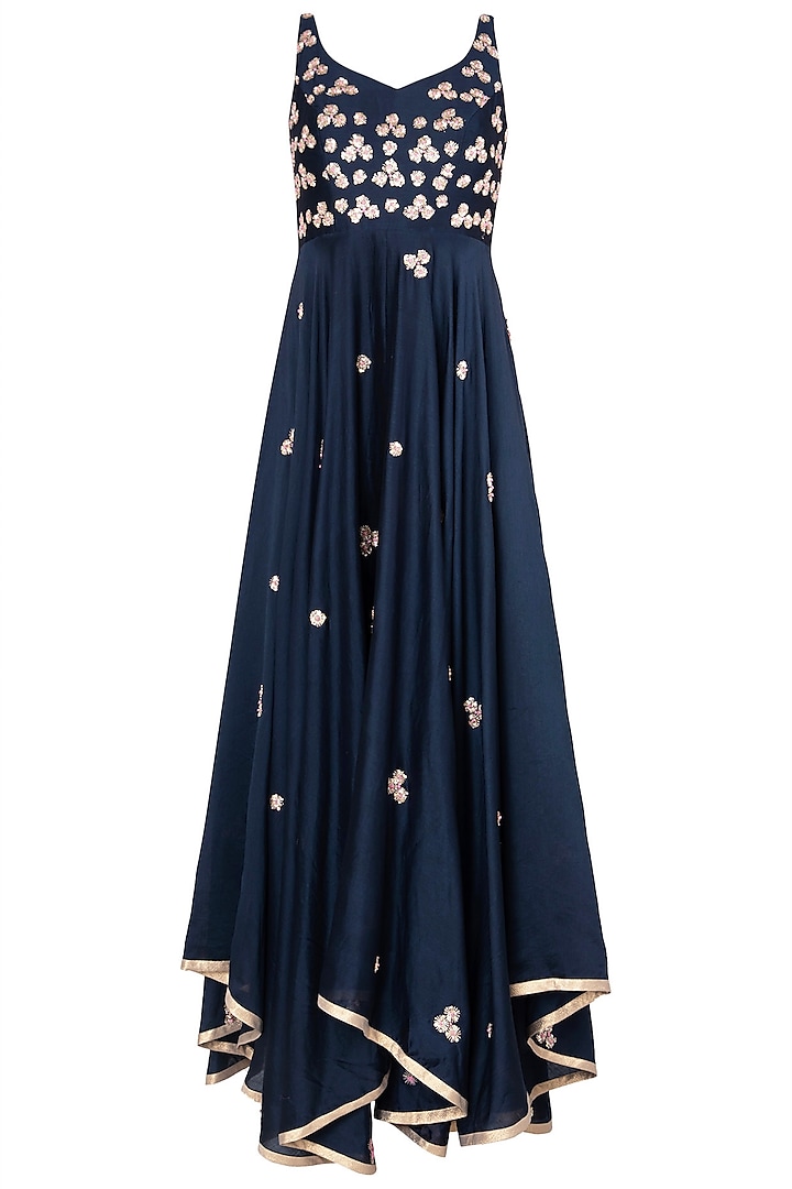 Blue High Low Embroidered Anarkali Gown Set by Pleats by Kaksha & Dimple