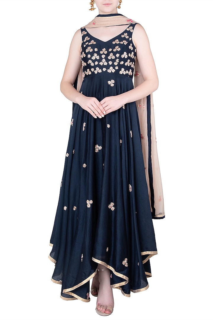 Blue high low embroidered anarkali gown set available only at Pernia's Pop Up Shop.