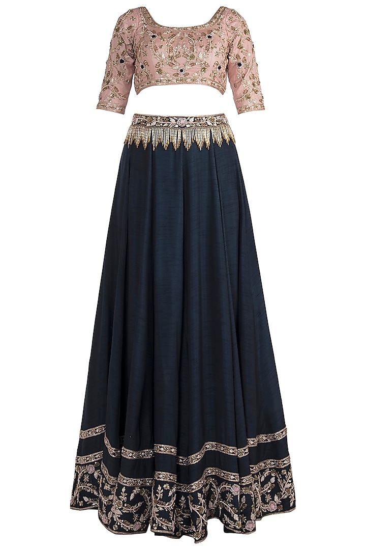 Royal Blue and Pink Embroidered Lehenga Set by Pleats By Kaksha & Dimple
