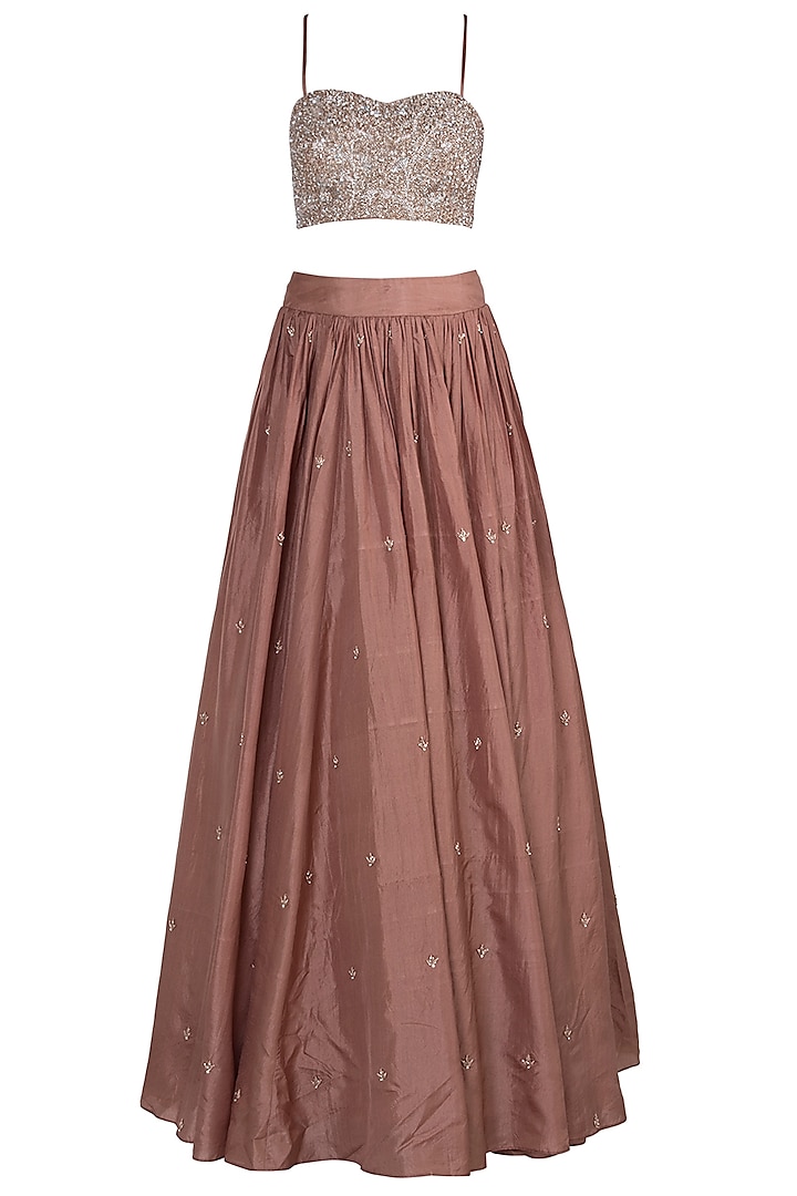 Rose Brown Embroidered Lehenga Set by Pleats By Kaksha & Dimple