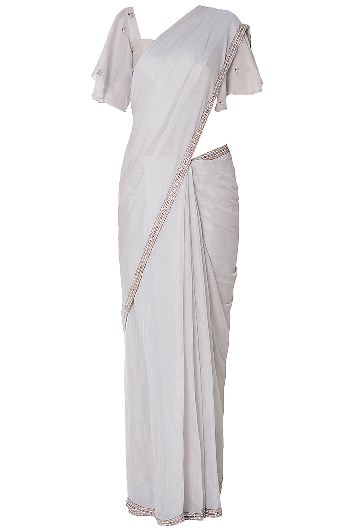 Ivory Tissue Pearl & Thread Knot Embroidered Saree Set by Pleats By Kaksha & Dimple