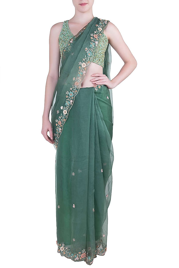 Green Organza Floral Embroidered Saree Set by Pleats By Kaksha & Dimple