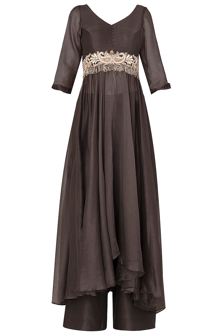 Dark Gray Quater Sleeves Tunic with Embroidered Motifs and Matching Pallazo In Chanderi Silk by Pleats by Kaksha & Dimple