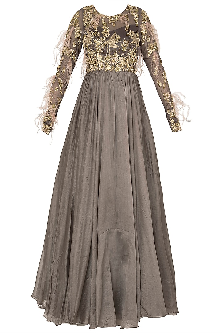 Dark Gray Anarkali with Feather, Cutdana and Bead Work In Chanderi Silk and Shimmer Net by Pleats by Kaksha & Dimple