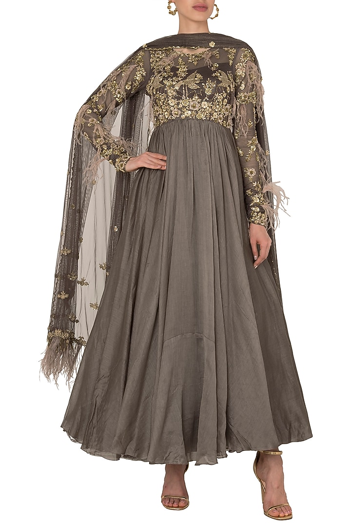 Dark gray anarkali with feather, cutdana and bead work in chanderi silk and shimmer net available only at Pernia's Pop Up Shop.