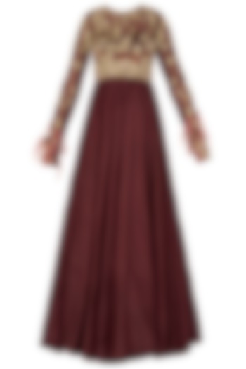 Maroon Feather Anarkali Set In Pure Silk and Shimmer Net by Pleats by Kaksha & Dimple