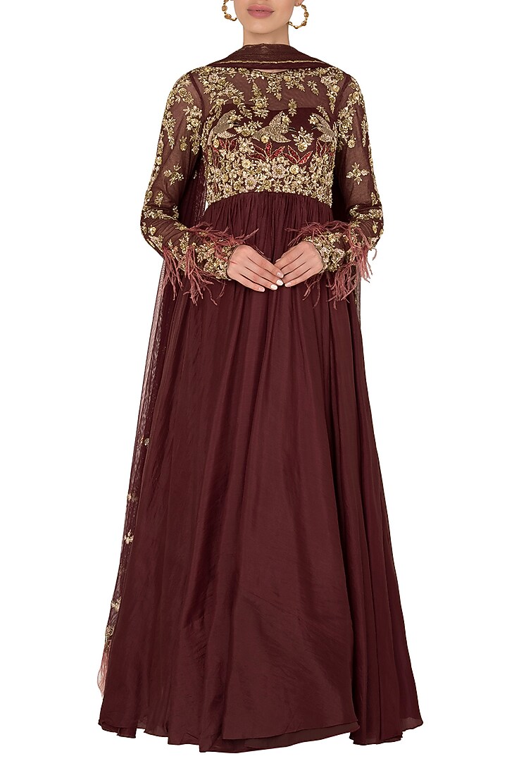 Maroon feather anarkali set in pure silk and shimmer net available only at Pernia's Pop Up Shop.