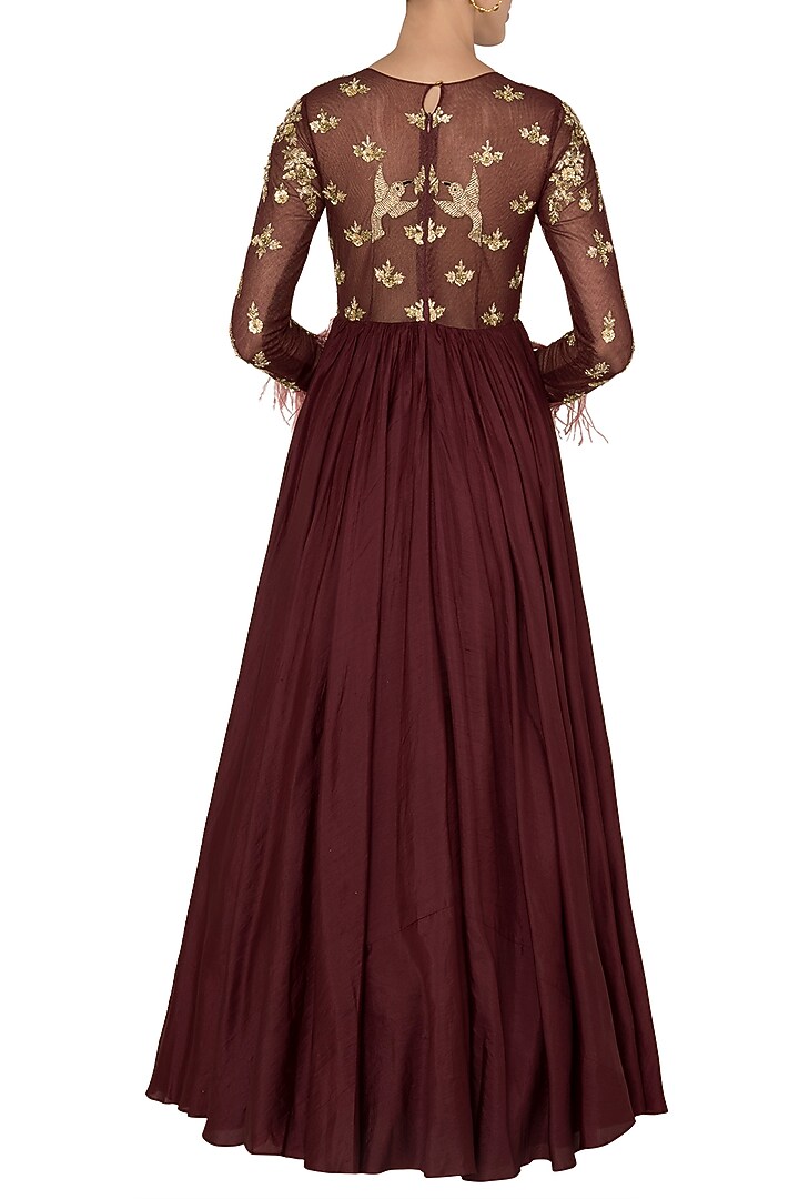 Maroon feather anarkali set in pure silk and shimmer net available only at Pernia's Pop Up Shop.