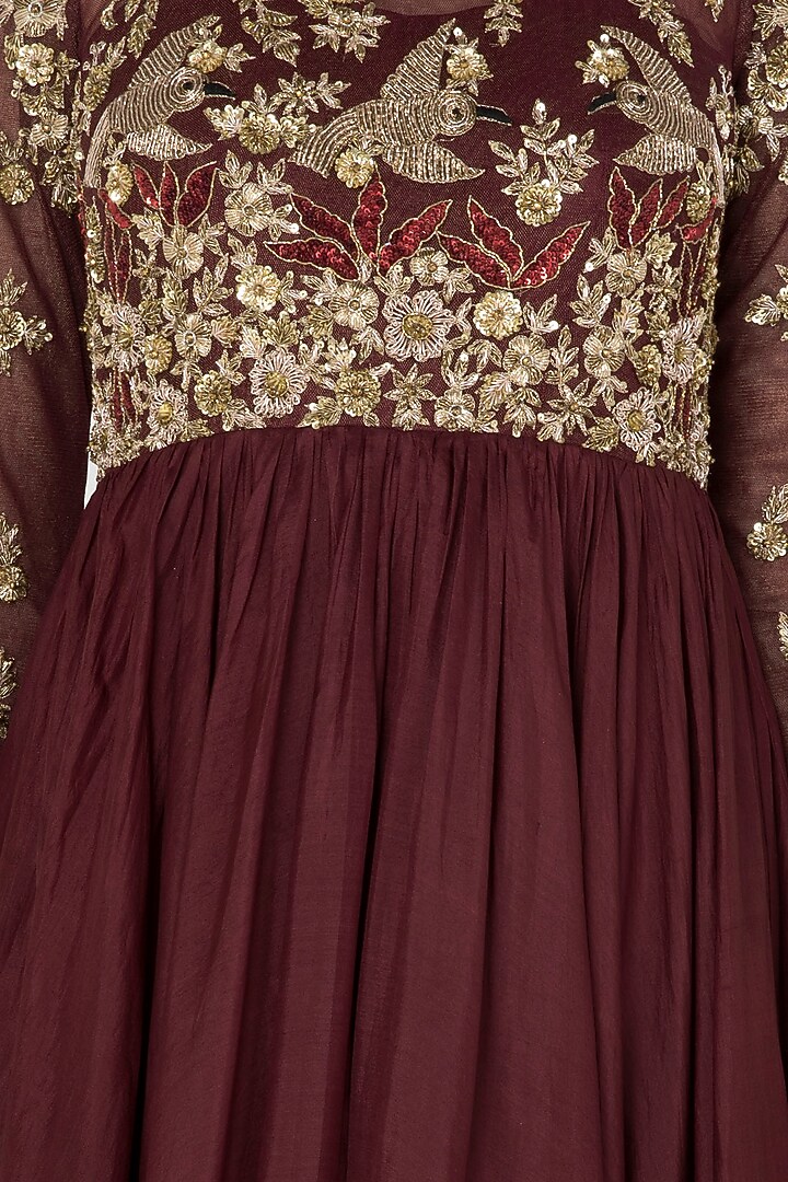 Maroon feather anarkali set in pure silk and shimmer net available only at Pernia's Pop Up Shop.