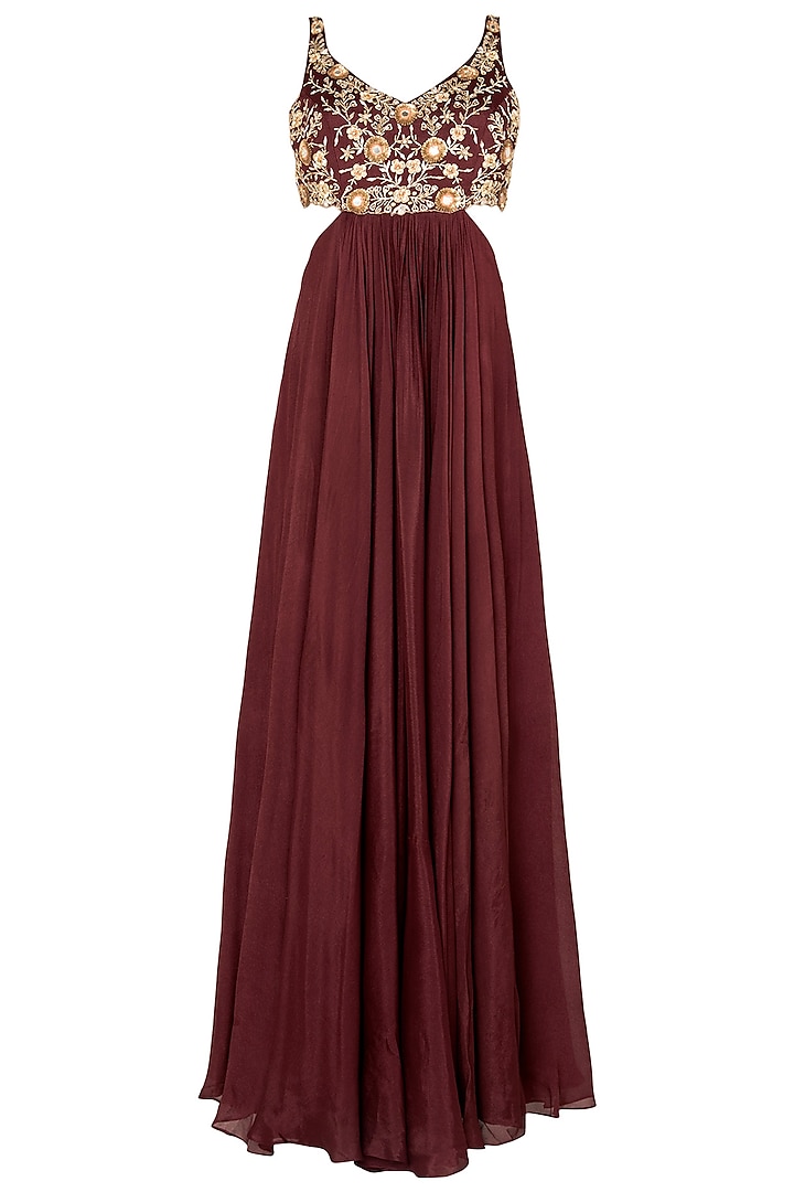 Maroon Sleeveless Anarkali with Cutout Detailing by Pleats by Kaksha & Dimple