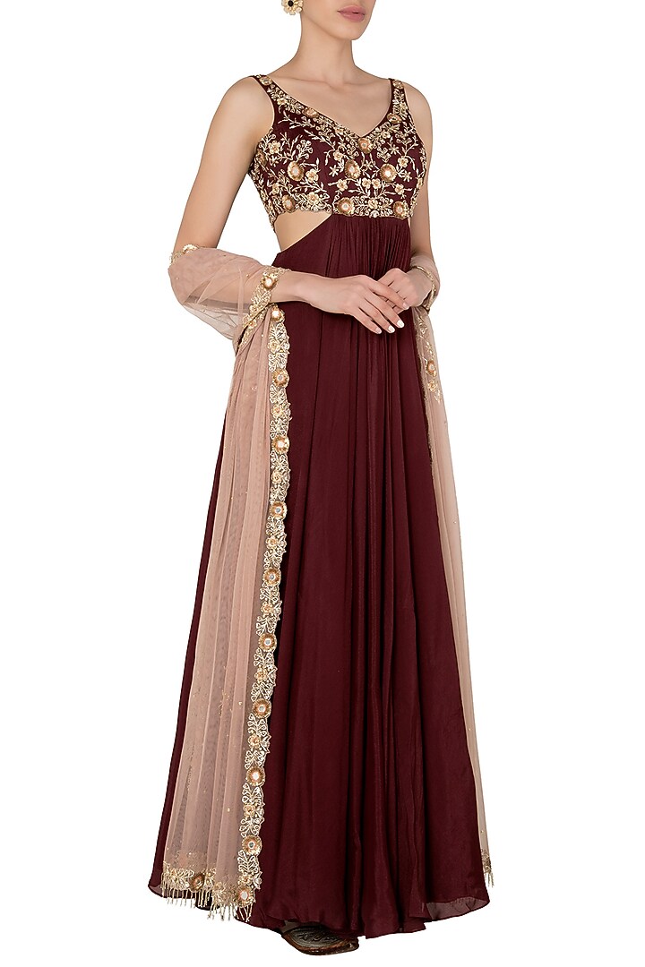 Maroon sleeveless anarkali with cutout detailing available only at Pernia's Pop Up Shop.