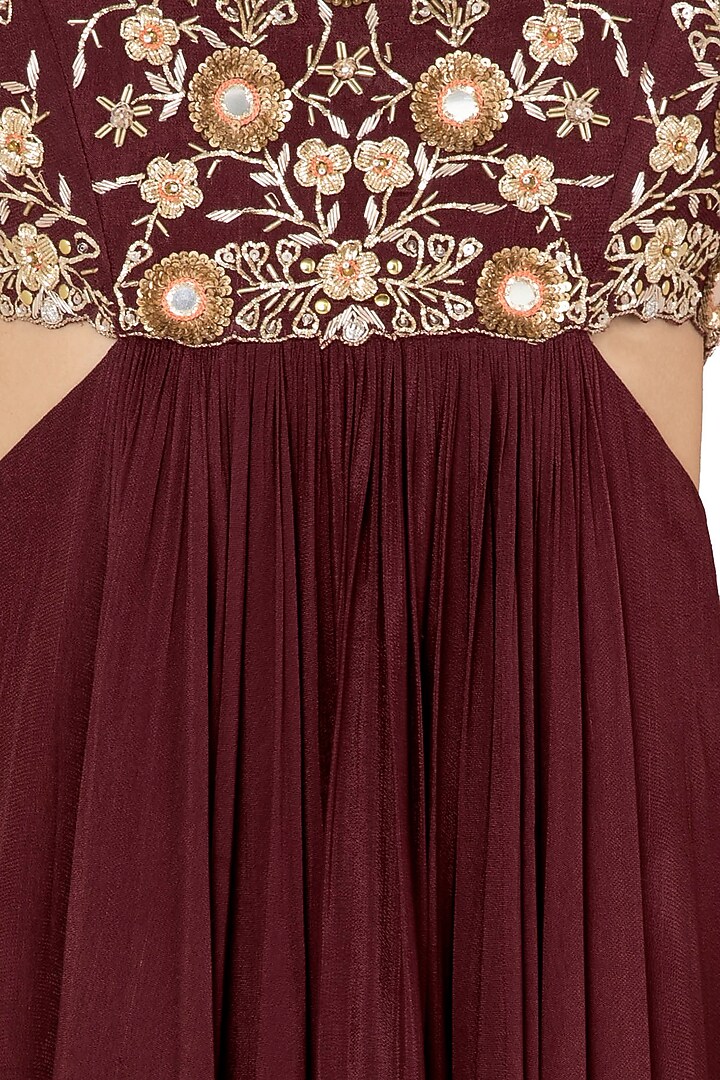 Maroon sleeveless anarkali with cutout detailing available only at Pernia's Pop Up Shop.