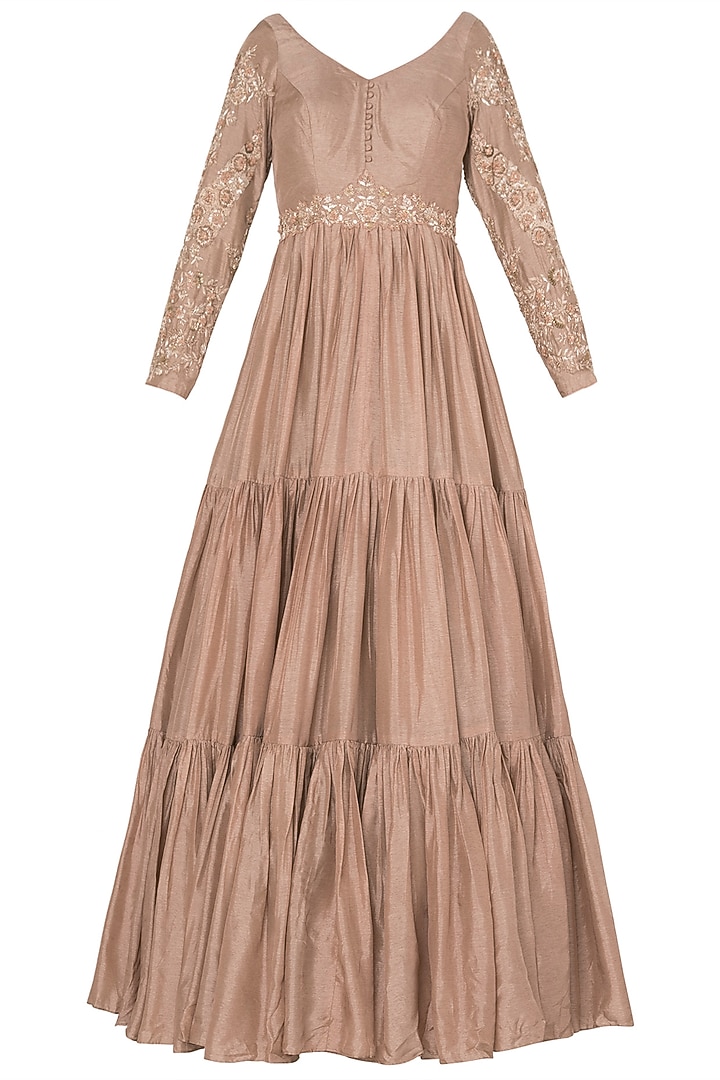 Salmon pink fringe sleeves anarkali set in crepe georgette available only at Pernia's Pop Up Shop.