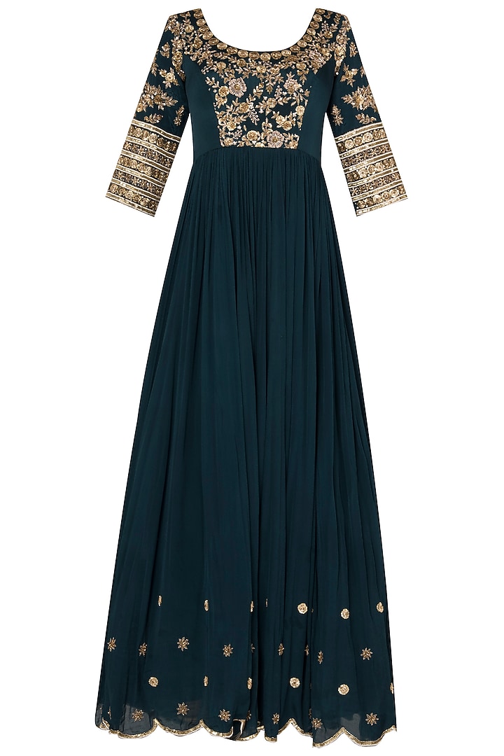 Peacocok blue scalloped anarkali with heavy zardozi embroidery in crepe georgette available only at Pernia's Pop Up Shop.